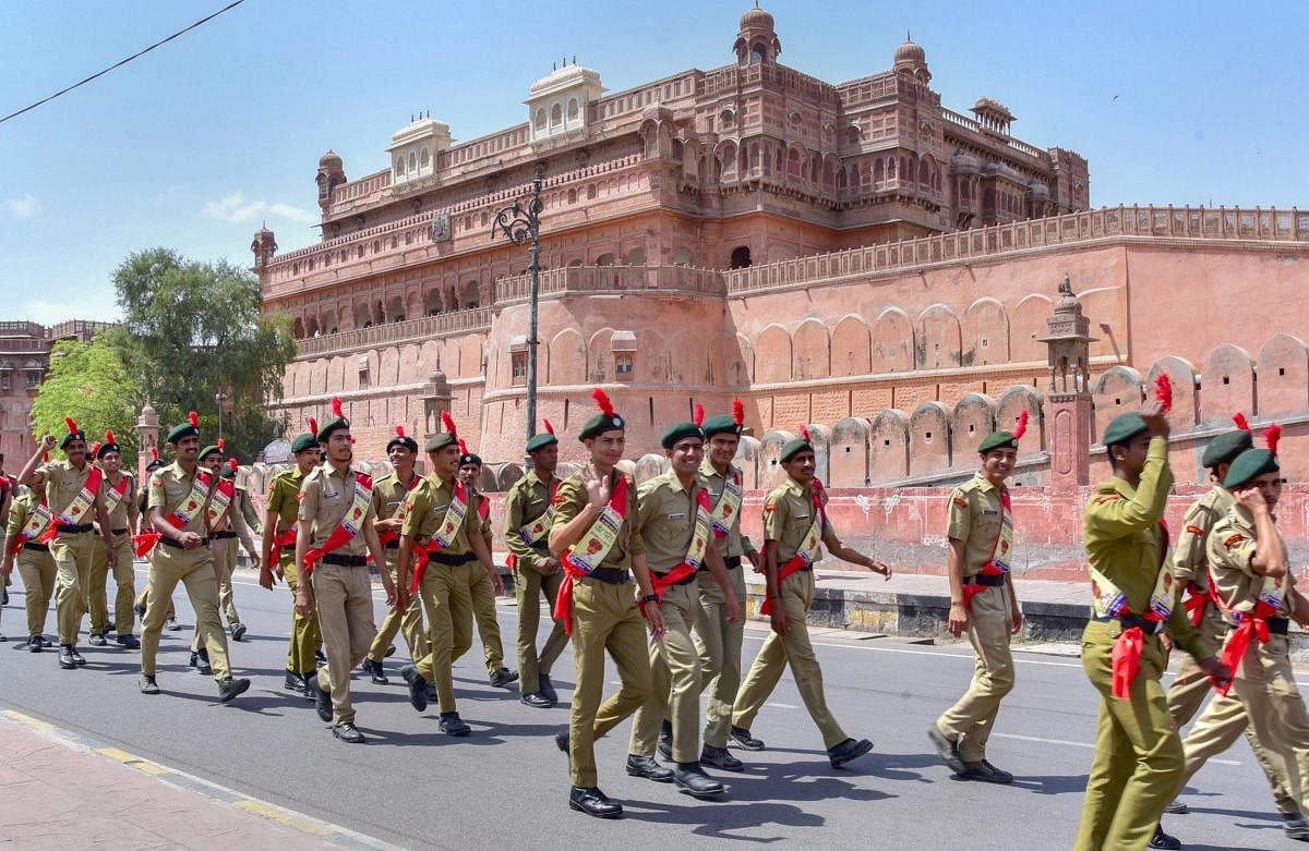 Cadets of National Cadet Corps (NCC) take part in an election awareness campaign, in Bikaner, Friday, April 05, 2019. (PTI Photo)