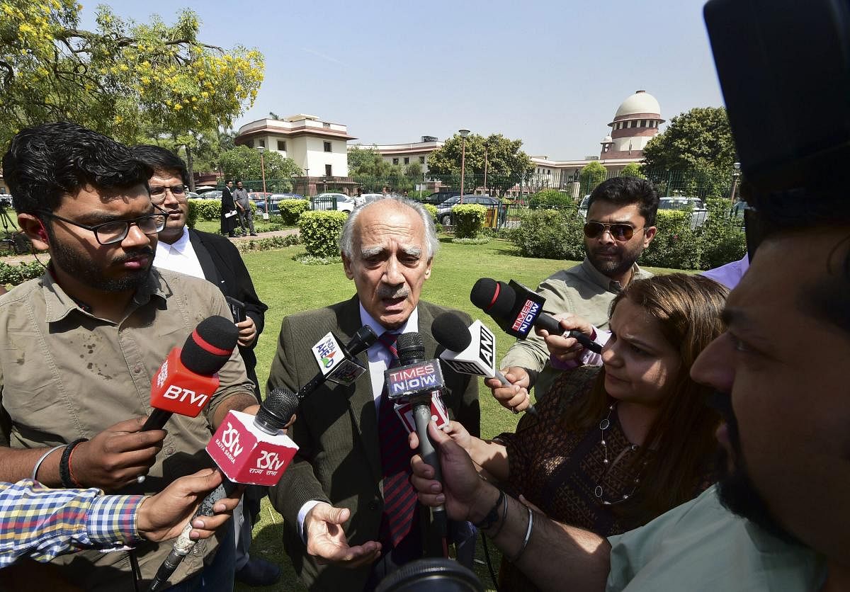 Former union minister and one of the review petitioners in the Rafale case, Arun Shourie, addresses the media after Supreme Court's hearing on Rafale review petition, in New Delhi, Wednesday, April 10, 2019. (PTI)