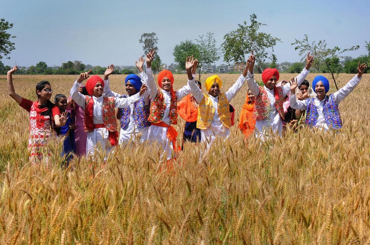 Amritsar: Students in traditional Punjabi attire perform a folk dance as they take part in the Vaisakhi, also known as Baisakhi, celebrations, in Amritsar, Friday, April 12, 2019. PTI