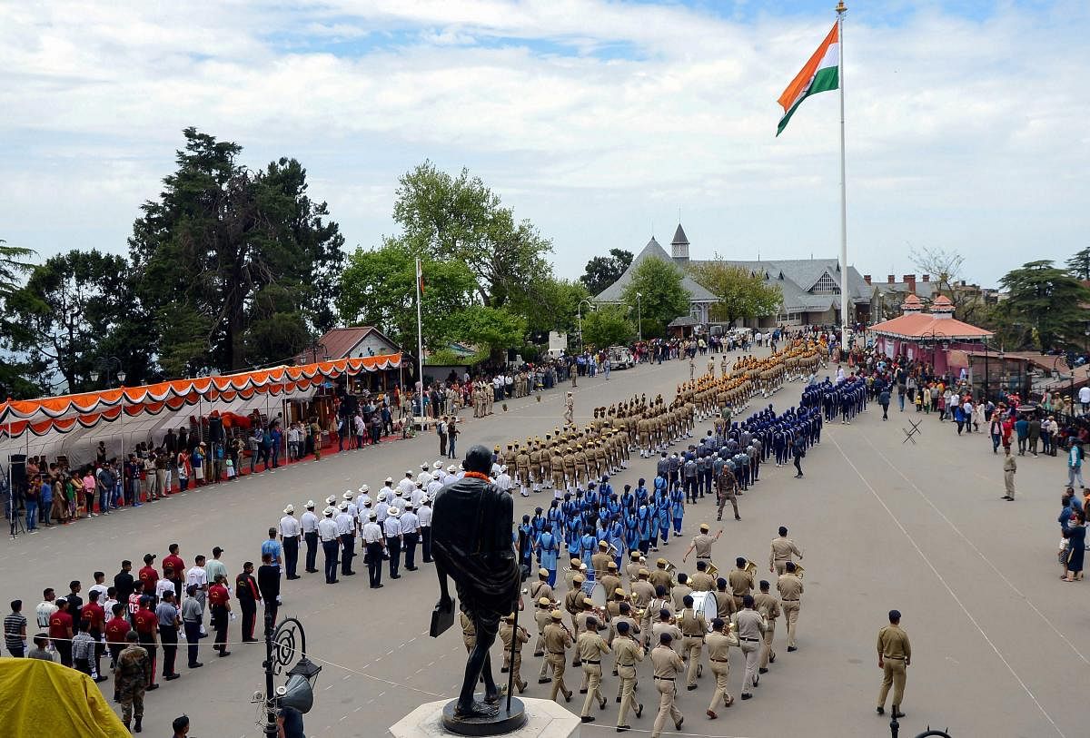 Shimla: Police personnel during the rehearsal for Himachal Day parade at Ridge, Shimla, Sunday, April 14, 2019. PTI