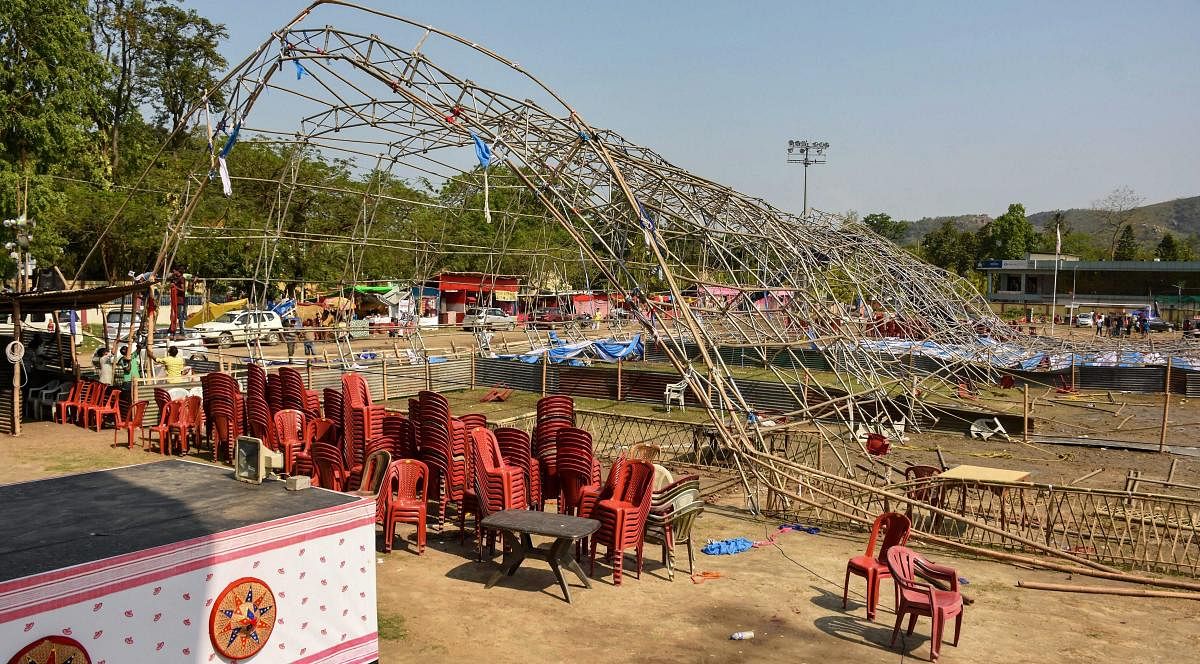 The Bihu pandal of Noonmati which collapsed in a storm in Guwahati, Wednesday, April 17, 2019. PTI
