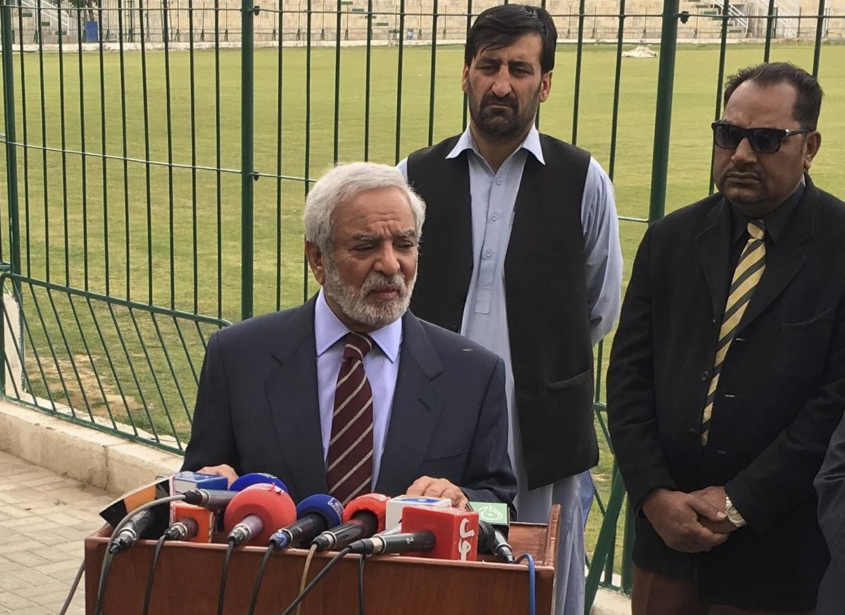 Chairman Pakistan Cricket Board Ehsan Mani addresses reporters in Quetta, Pakistan, Wednesday, April 17, 2019. A meeting of the Pakistan Cricket Board ended abruptly Wednesday when five of its seven members walked out after their ideas to restructure the domestic game were dismissed. The five members presented a signed resolution which said departments and regions in the country should remain part of the domestic cricket setup. They also wanted the appointment of Wasim Khan as PCB managing director to be declared