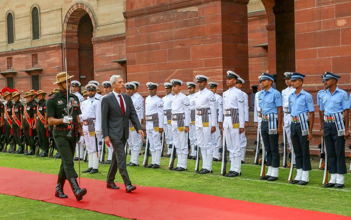 Portuguese Minister for National Defence João Gomes Cravinho inspects the Tri-Services guard of honour, at South Block in New Delhi, Wednesday, April 17, 2019. PTI