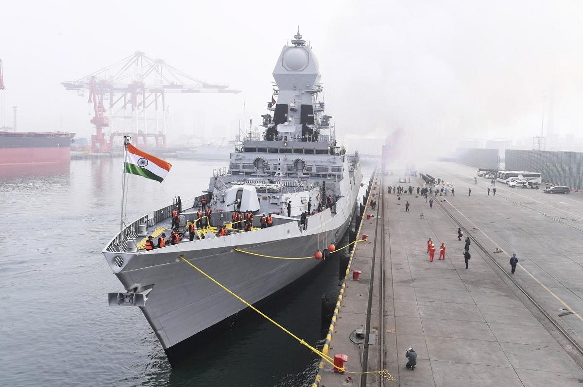 The Indian navy destroyer Kolkata docks at a port in Qingdao in eastern China's Shandong Province, Sunday, April 21, 2019. The ship arrived ahead of a naval parade commemorating the 70th anniversary of the founding of China's People's Liberation Army (PLA) Navy next week. AP/PTI(