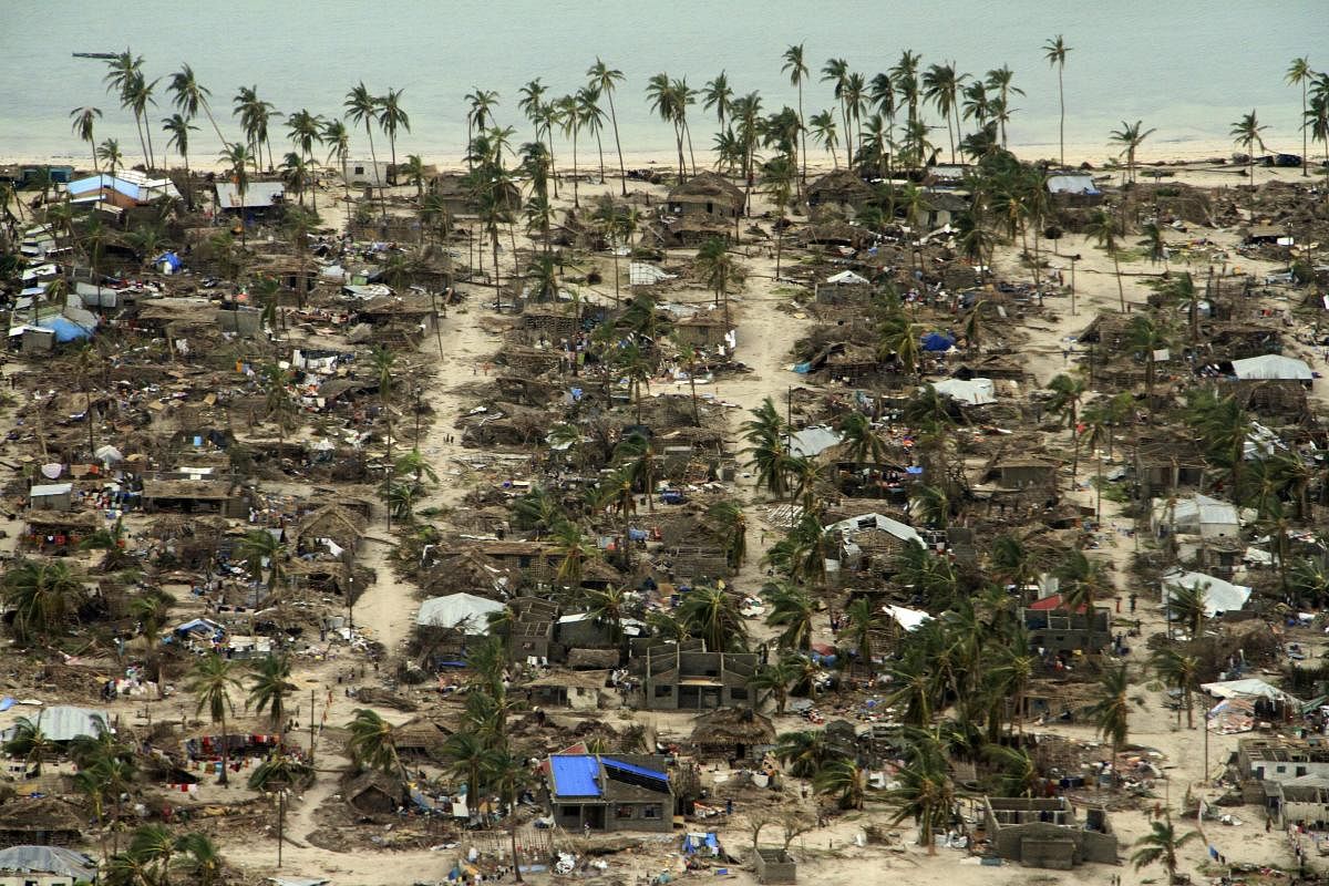 In this photo provided by the United Nations Office for the Coordination of Humanitarian Affairs (OCHA), badly damaged communities are seen from an aerial view, in Macomia district, Mozambique. (AP/PTI Photo)