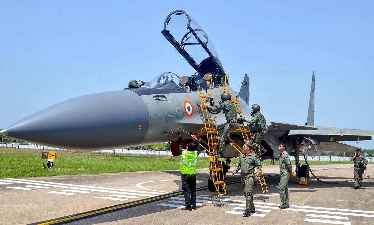 Indian Air Force (IAF) landed a Sukhoi fighter jet in Lokpriya Gopinath Bordoloi International Airport (LGBI) airport at Borjhar as part of its decision to use the civilian airports for landing fighter jets during emergency situations, in Guwahati, Assam. (PTI Photo)