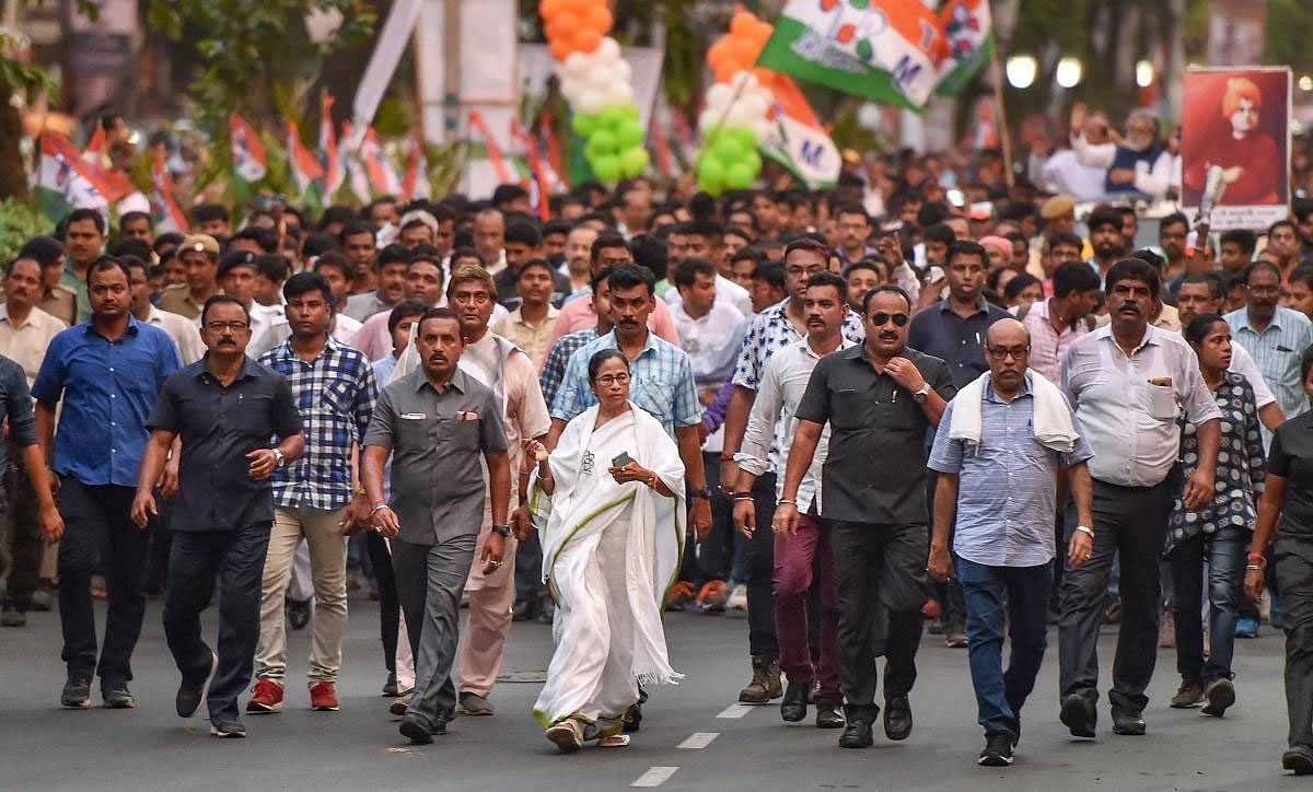 West Bengal Chief Minister and Trinamool Congress chief Mamata Banerjee in a protest rally against the clashes that broke out yesterday during BJP President Amit Shah's election roadshow for Lok Sabha polls, in Kolkata, Wednesday, May 15, 2019. (PTI Photo)