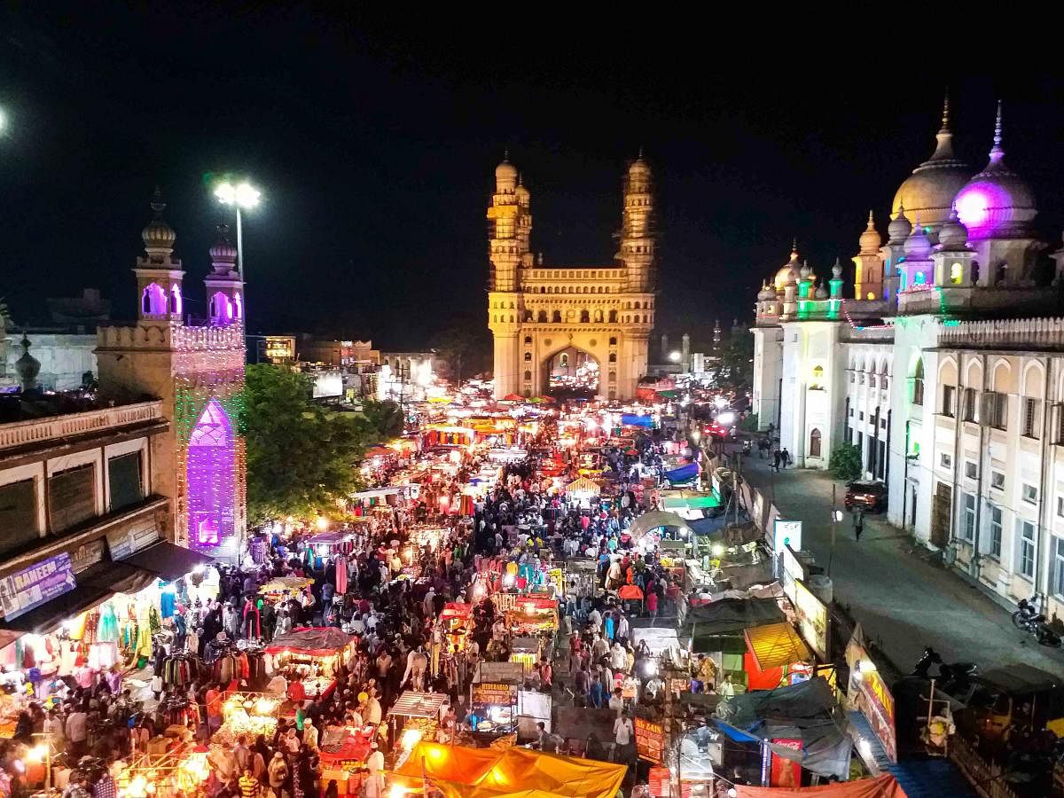 An illuminated view of the market around Charminar during Ramadan, in Hyderabad. PTI Photo