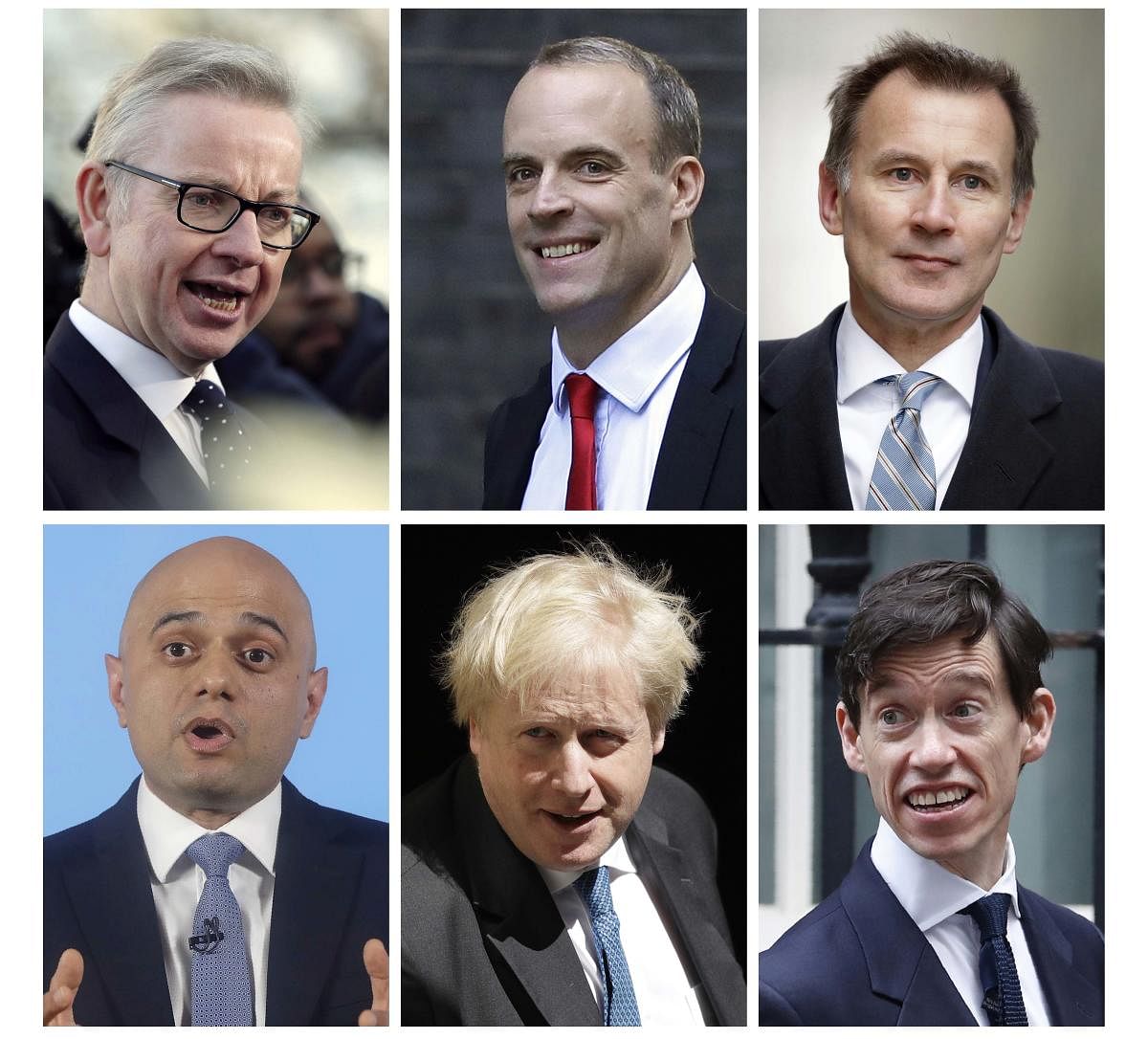This combination photo made up of file photos, shows the remaining six contenders in the Conservative Party leadership race Friday June 14, 2019. Top from left: Michael Gove, Dominic Raab, Jeremy Hunt, and bottom from left: Sajid Javid, Boris Johnson, Rory Stewart. Conservative Party legislators will hold more elimination votes next week, with the final two contenders put to a vote of 160,000 Conservative Party members nationwide and the winner will become Conservative leader and prime minister. AP/PTI