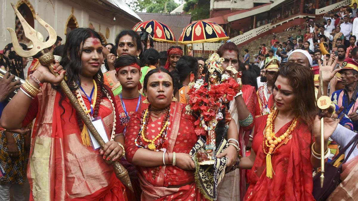 Devotees take part in a procession on the eve of the annual Ambubachi Mela 2019, at Kamakhya Temple in Guwahati, Friday, June 21, 2019. (PTI Photo)