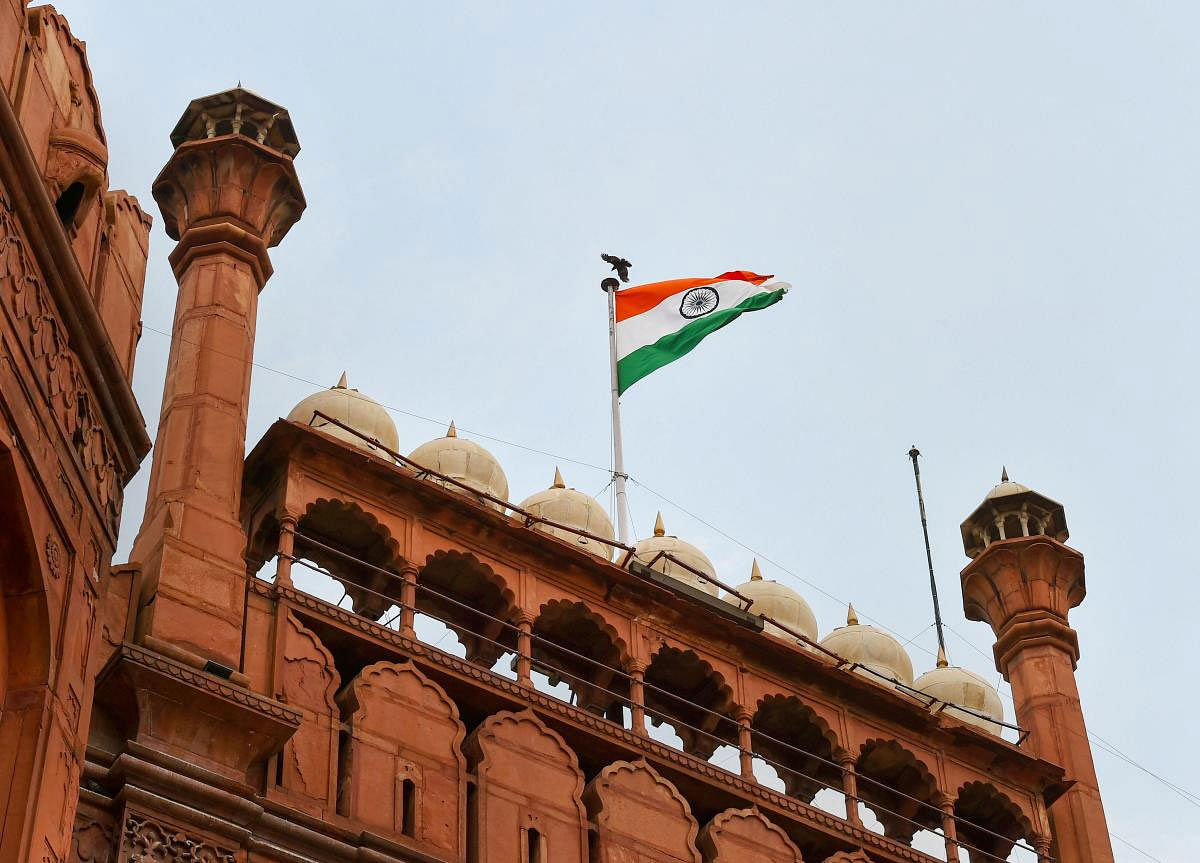 National flag at ramparts of Red Fort where restoration and conservation work is going on, in New Delhi, Monday, June 24, 2019. (PTI Photo)