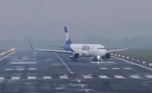 A stranded flight seen on a runway after flights between Ranchi and Mumbai were cancelled following heavy monsoon rains in Mumbai. (PTI Photo)