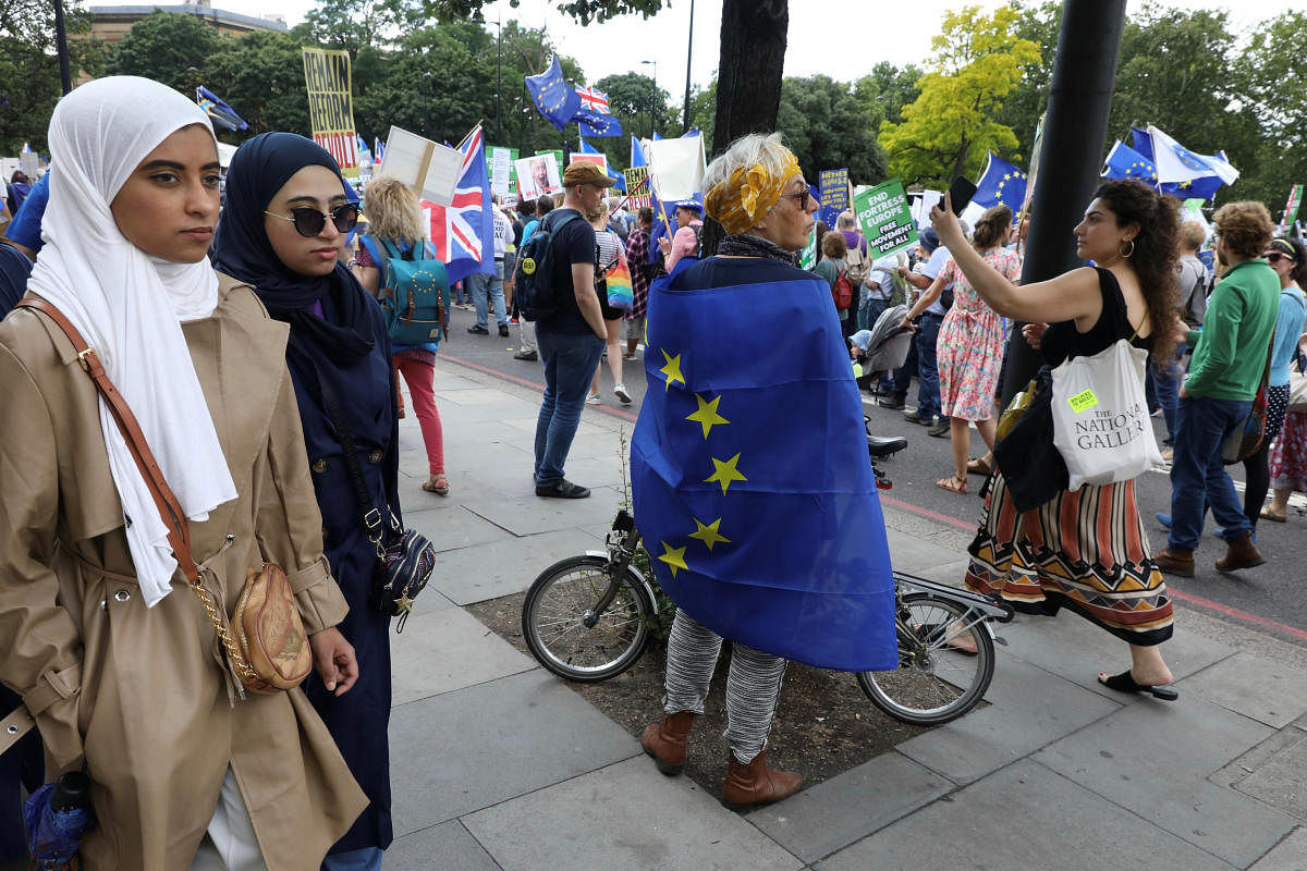 People attend the anti-Brexit 'No to Boris, Yes to Europe' march in London. (Reuters Photo)