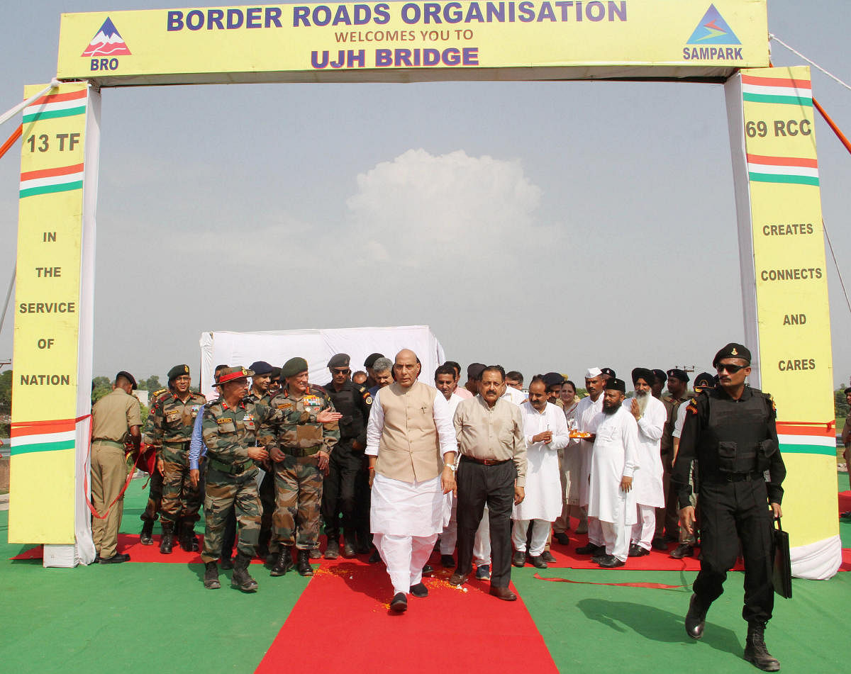 Union Defence Minister Rajnath Singh with Chief of Army Staff General Bipin Rawat and Union Minister Jitendra Singh arrive to inaugurate the Ujh Bridge in Kathua district of Jammu and Kashmir. (PTI Photo)
