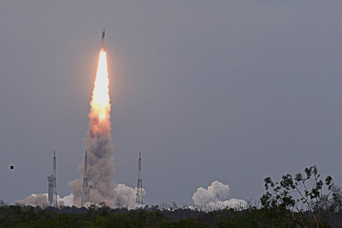 GSLV Mark III, the rocket that is being used for the Chandrayaan-2 mission takes off from Satish Dhawan Space Centre (SDSC) SHAR, Sriharikota, on Monday. (DH Photo/Pushkar V)