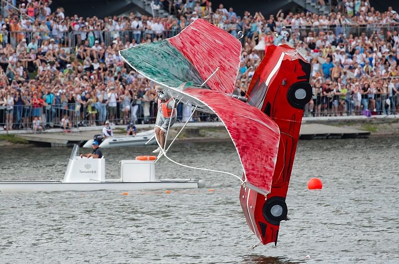 A participant from the How Do You Like That team operates self-made flying machine during the Red Bull Flugtag Russia 2019 competition in Moscow Russia. (Reuters)