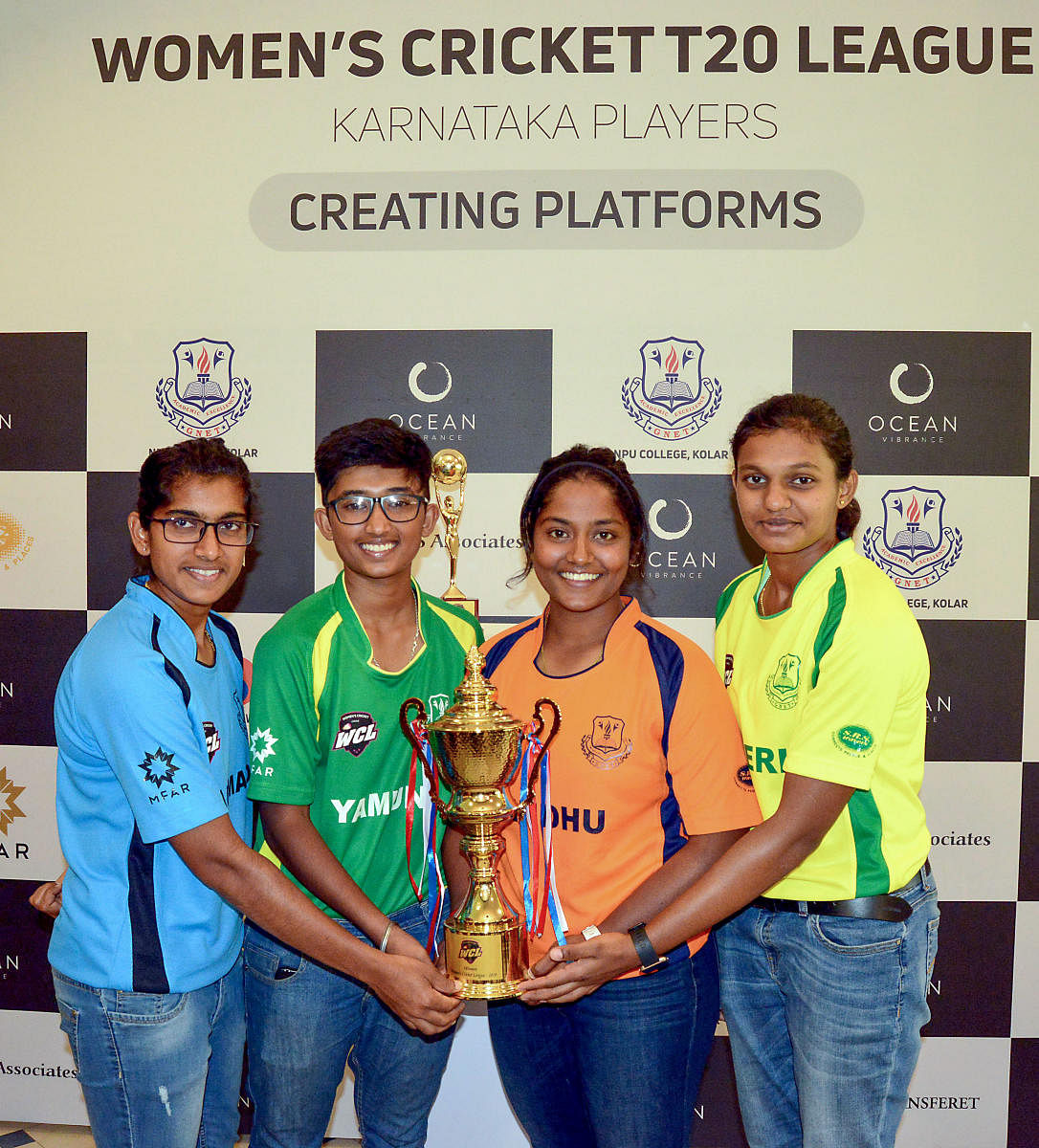 Women's Cricket T20 League players during the unveiling of trophy, at a press conference in Bengaluru. PTI