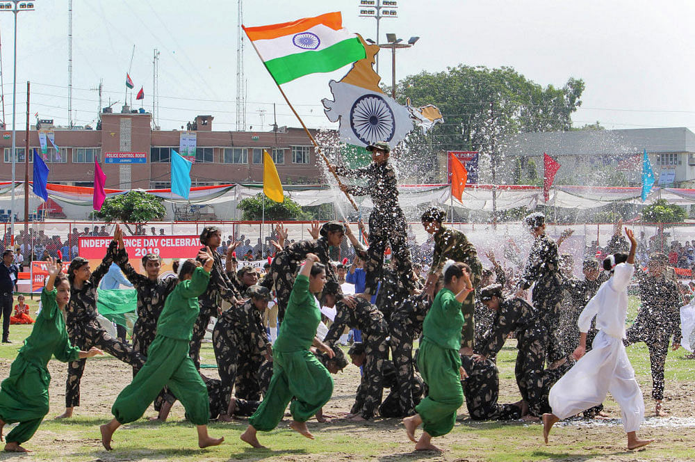 School children perform during 73rd Independence Day celebrations at Mini Stadium, in Jammu, Thursday, Aug 15, 2019. (PTI Photo)