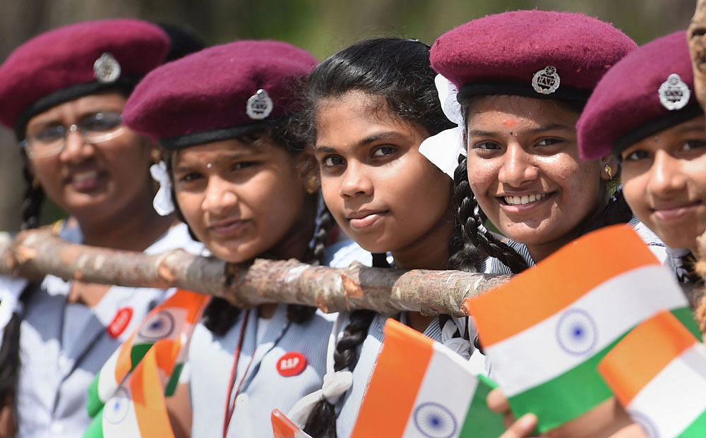 School students during the 73rd Independence Day celebrations at Fort St. George in Chennai, Thursday, Aug. 15, 2019. (PTI Photo)