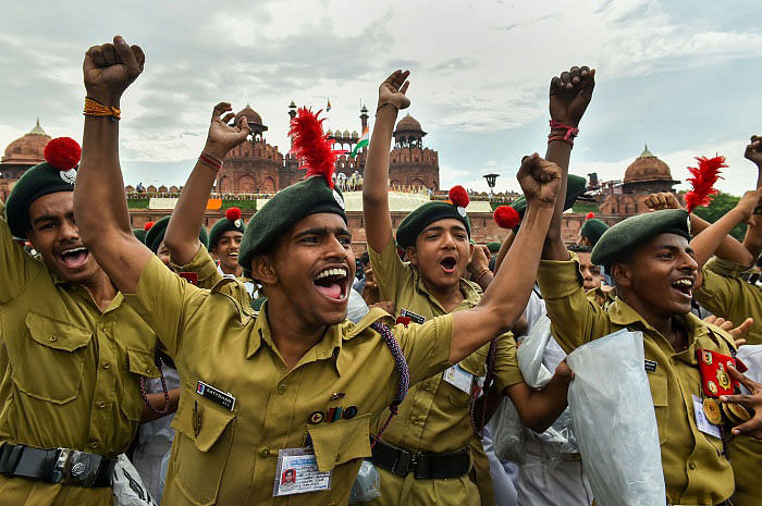 NCC cadets celebrate on the occasion of 73rd IndependenceDay, at the historic Red Fort in New Delhi, Thursday, Aug 15, 2019. (PTI Photo)