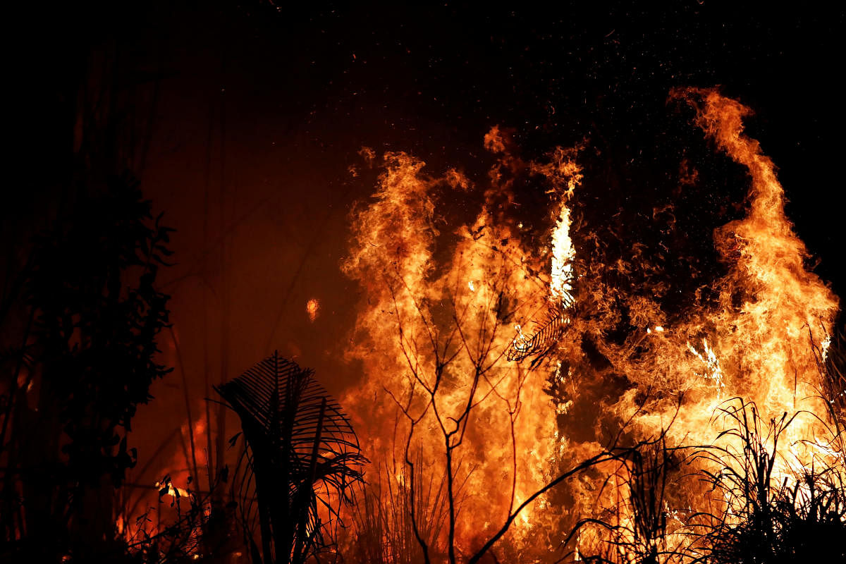 A fire burns a tract of Amazon jungle as it is cleared by loggers and farmers near Altamira, Brazil (Reuters Photo)