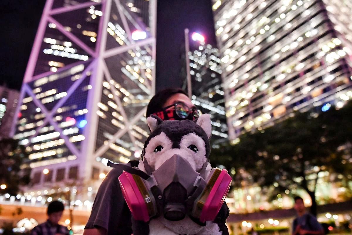 A dog owner holds a stuffed dog in a gas mask during the Veterinary Groups Say No To Tear Gas rally at Chater House in Hong Kong on August 30, 2019. (AFP Photo)