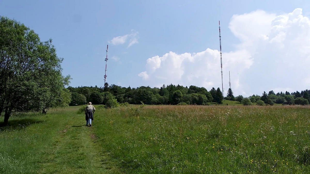 An elderly person walks near the TV broadcast tower near Hessisch Lichtenau, Germany on June 14, 2016. in this image taken from a video obtained from social media on September 3, 2019. (Reuters Photo)