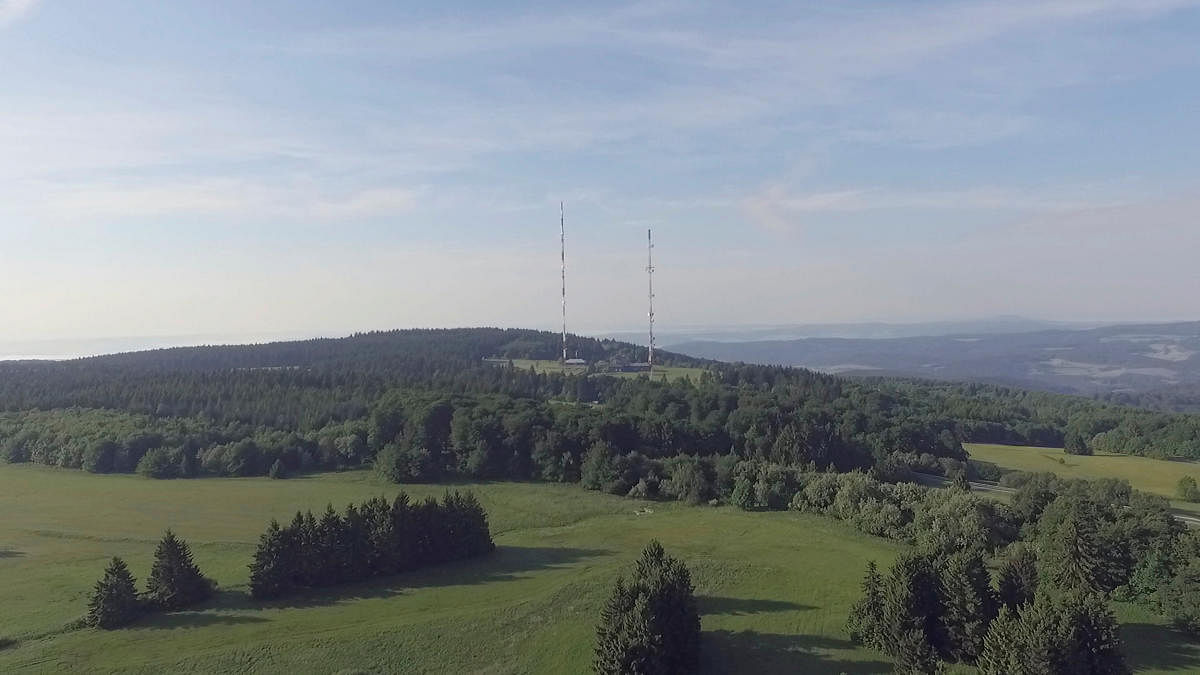 An aerial view shows the TV broadcast tower near Hessisch Lichtenau, Germany on June 14, 2016. in this image taken from a video obtained from social media on September 3, 2019. (Reuters Photo)