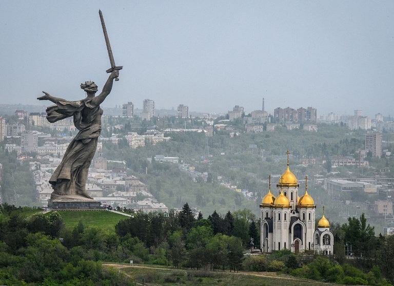 A view taken on May 8, 2018 shows the statue of Mother Homeland at the Mamayev Kurgan World War Two memorial complex in Volgograd. AFP Photo