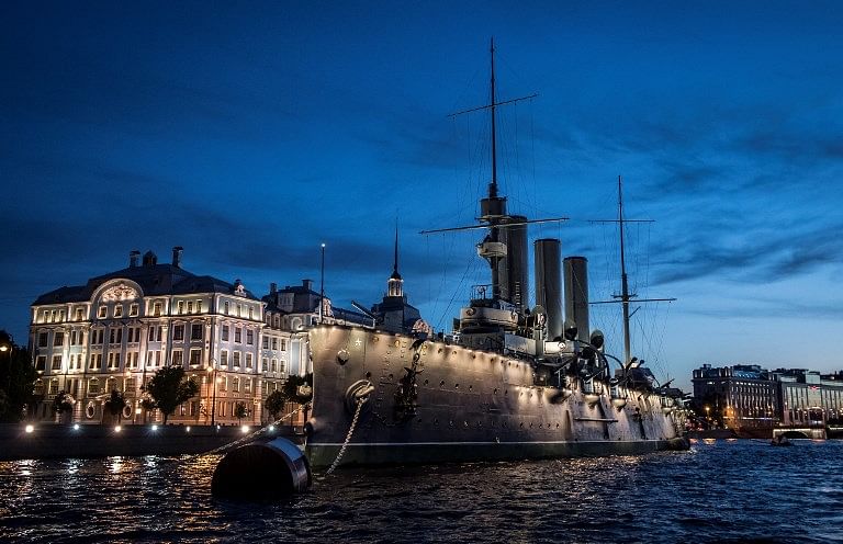 Aurora museum ship is docked at Neva river bank in Saint Petersburg during the early hours of June 22, 2017. In 1917 Aurora's gun signaled the start of the assault on the Winter Palace in St.Petersburg, which was the beginning of the October Bolshevik Revolution in Russia. AFP Photo