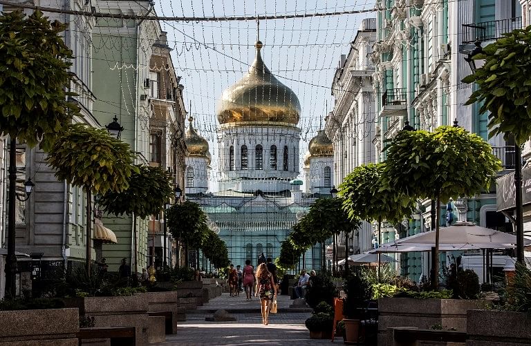A photo taken on August 21, 2017 shows a pedestrian street with the Assumption Cathedral at the background in the centre of the southern Russian city of Rostov-on-Don. Rostov-on-Don will host five games of the FIFA World Cup 2018. AFP Photo