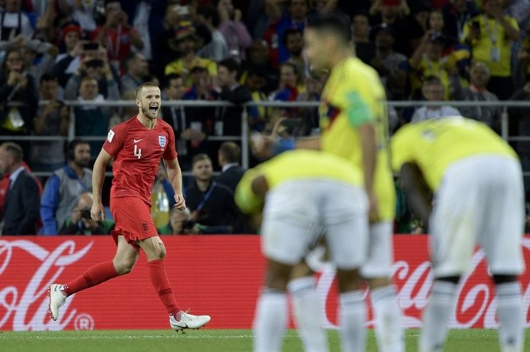 England's midfielder Eric Dier celebrates scoring during the penalty shootout during the Russia 2018 World Cup round of 16 football match between Colombia and England at the Spartak Stadium in Moscow on July 3, 2018.  Juan Mabromata / AFP