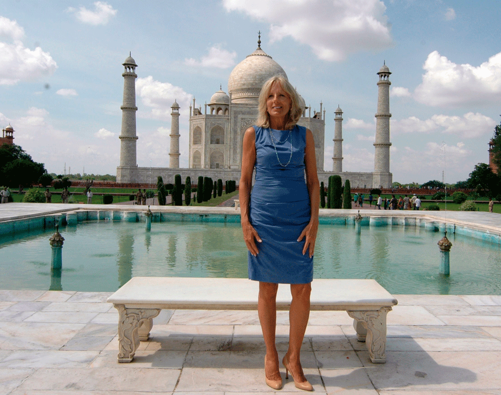 U.S. Vice President Joe Biden's wife Jill Biden poses in front of the historic Taj Mahal in the northern Indian city of Agra July 23, 2013. REUTERS/