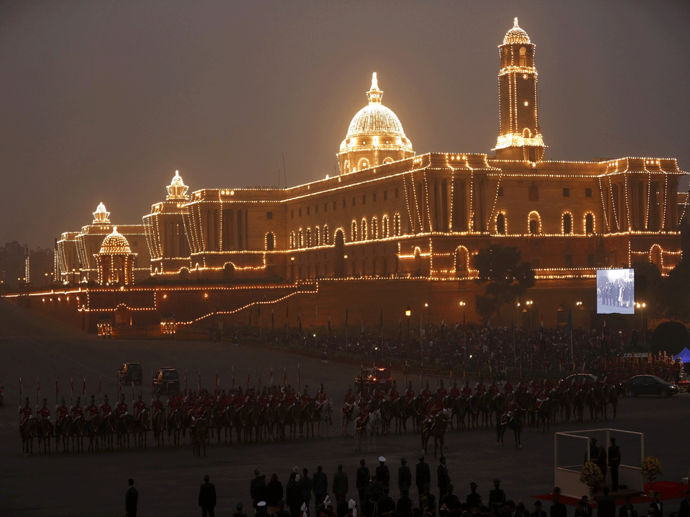 The Indian Home Ministry building is illuminated during the 'Beating the Retreat' ceremony in New Delhi. Reuters Photo.