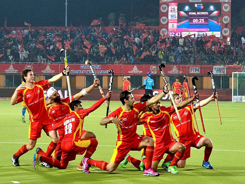 Ranchi Rays players celebrate a goal against Jaypee Punjab Warriors during HIL match at Astroturf Hockey Stadium in Ranchi on Saturday. PTI Photo
