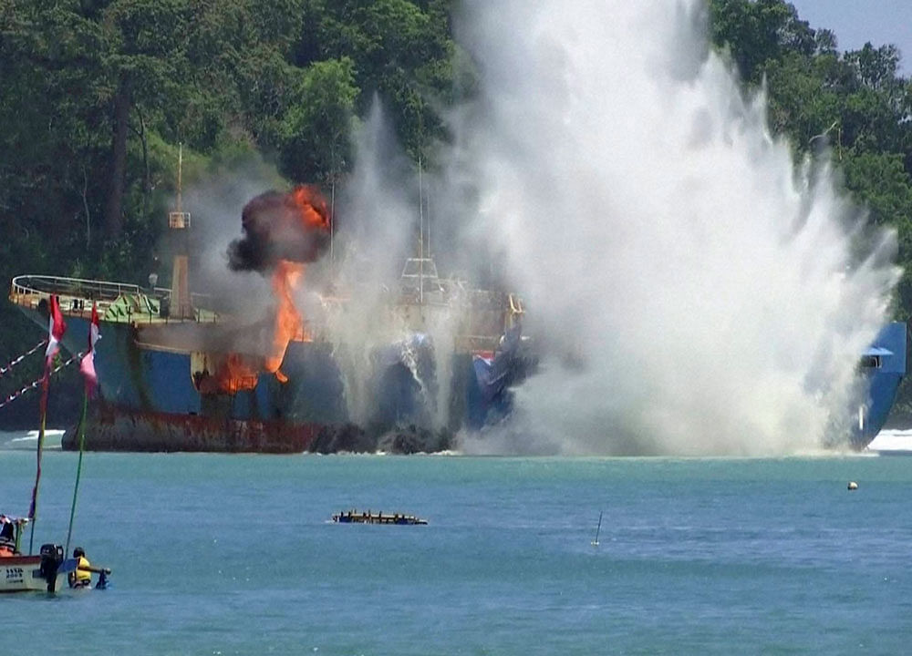 In this image made from video, illegal fishing vessel Viking which was seized by Indonesia’s Navy is sunk in the waters off Pangandaran, West Java, Indonesia, Monday, March 14, 2016. Indonesian authorities used explosives to sink the last major sou...