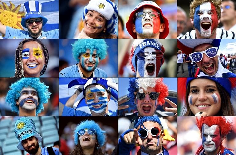 These photos show fans of Uruguay (L) and France supporting their team during the Russia 2018 World Cup football tournament. France will play Uruguay in their the Russia 2018 World Cup quarter-final football match at the Nizhny Novgorod Stadium in Nizhny Novgorod on July 6, 2018. Credit: AFP