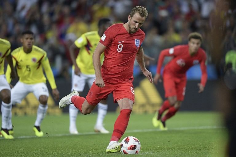 England's forward Harry Kane shoots a penalty kick to score a goal during the Russia 2018 World Cup round of 16 football match between Colombia and England at the Spartak Stadium in Moscow on July 3, 2018.  Juan Mabromata / AFP