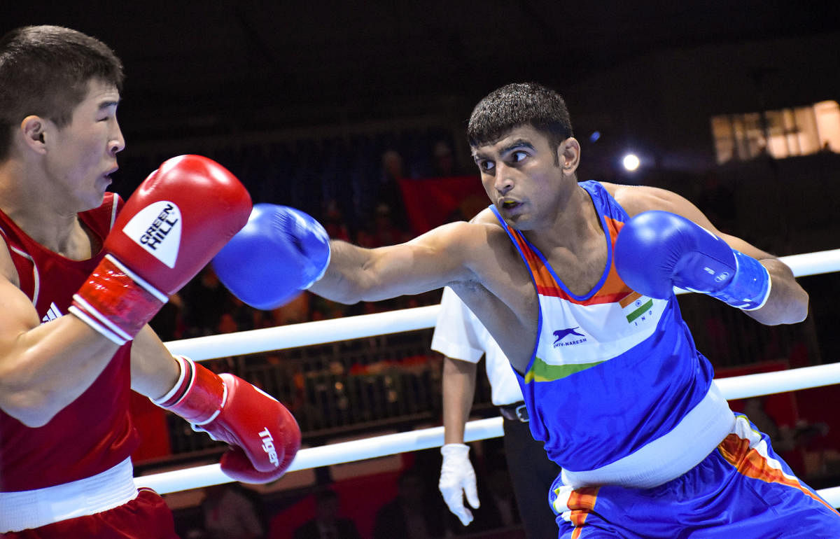 Commonwealth Games 2018 silver medallist Manish Kaushik (63 kg) during a bout against Kyrgyzstan’s Argen Ullu Kadyrbek at the AIBA Men’s World Championships in Ekaterinburg, Russia. PTI