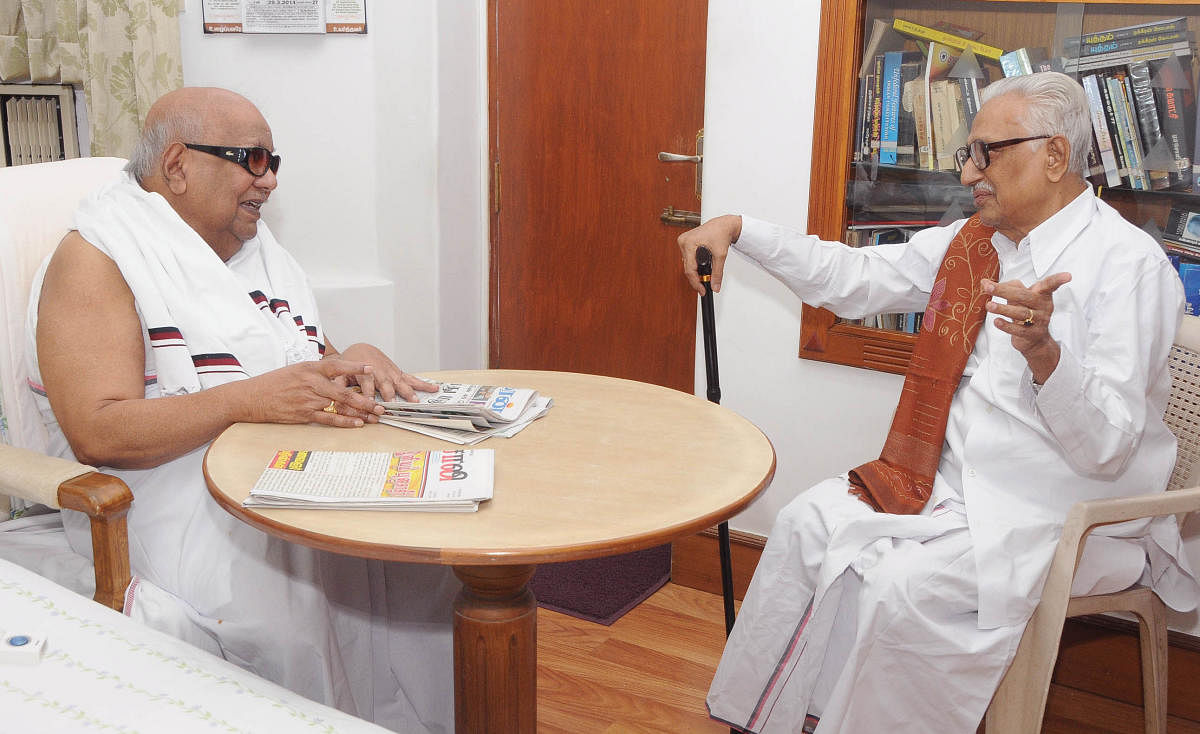 DMK President M Karunanidhi with his long-time friend K Anbhazhagan, general secretary of the party. The Karunanidhi-Anbhazhagan friendship is legendary for lasting many decades. A file photo of the duo.