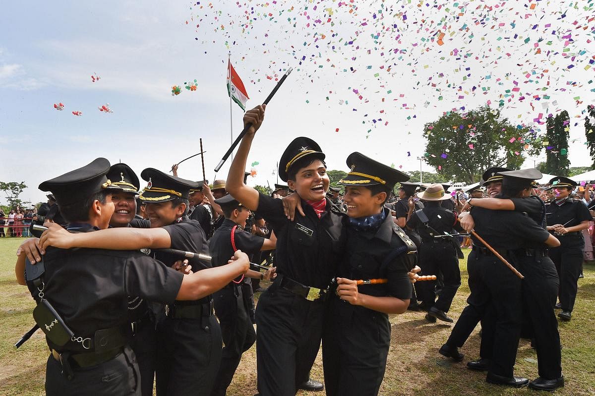 Cadets celebrate after a passing-out parade at Officers Training Academy (OTA), in Chennai, Saturday, Sept. 7, 2019. (PTI Photo)