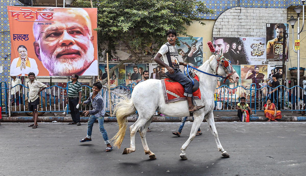 A man rides a horse in the backdrop of a poster depicting prime minister Narendra Modi and BJP leader Mukul Roy, in Kolkata, Monday, June 10, 2019. (PTI Photo/Ashok Bhaumik)