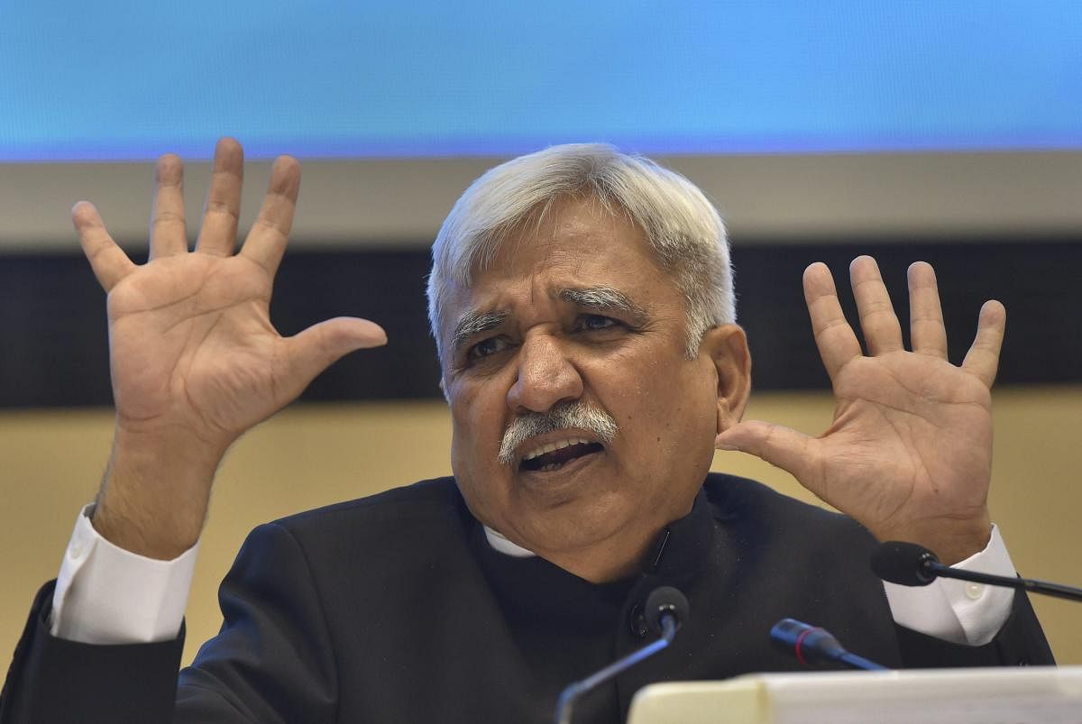 New Delhi: Chief Election Commissioner Sunil Arora addresses a press conference to announce the poll schedule for the forthcoming Lok Sabha elections, at Vigyan Bhavan in New Delhi, Sunday, March 10, 2019. (PTI Photo/ Subhav Shukla)