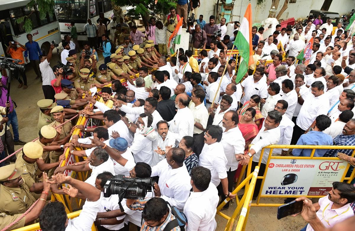 Tamil Nadu Congress Committee members stage a protest against the arrest of senior party leader and former finance minister P Chidambaram in the INX Media case at Satyamurti Bhavan, in Chennai, Thursday, Aug 22, 2019. (PTI Photo)