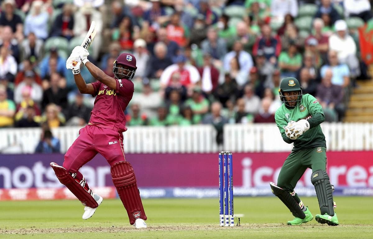 West Indies' Evin Lewis bats during the Cricket World Cup match between West Indies and Bangladesh at The Taunton County Ground, Taunton, south west England, Monday June 17, 2019. AP/PTI