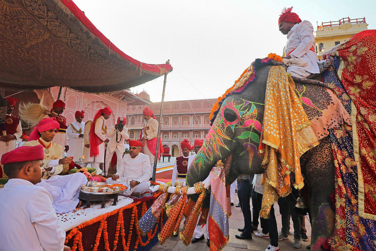 Former royal family member Maharaja Padmanabh Singh performs 'shastra puja' (weapon worship) on the occasion of Vijayadashmi, at City Palace in Jaipur, Tuesday, Oct. 8, 2019. (PTI Photo)