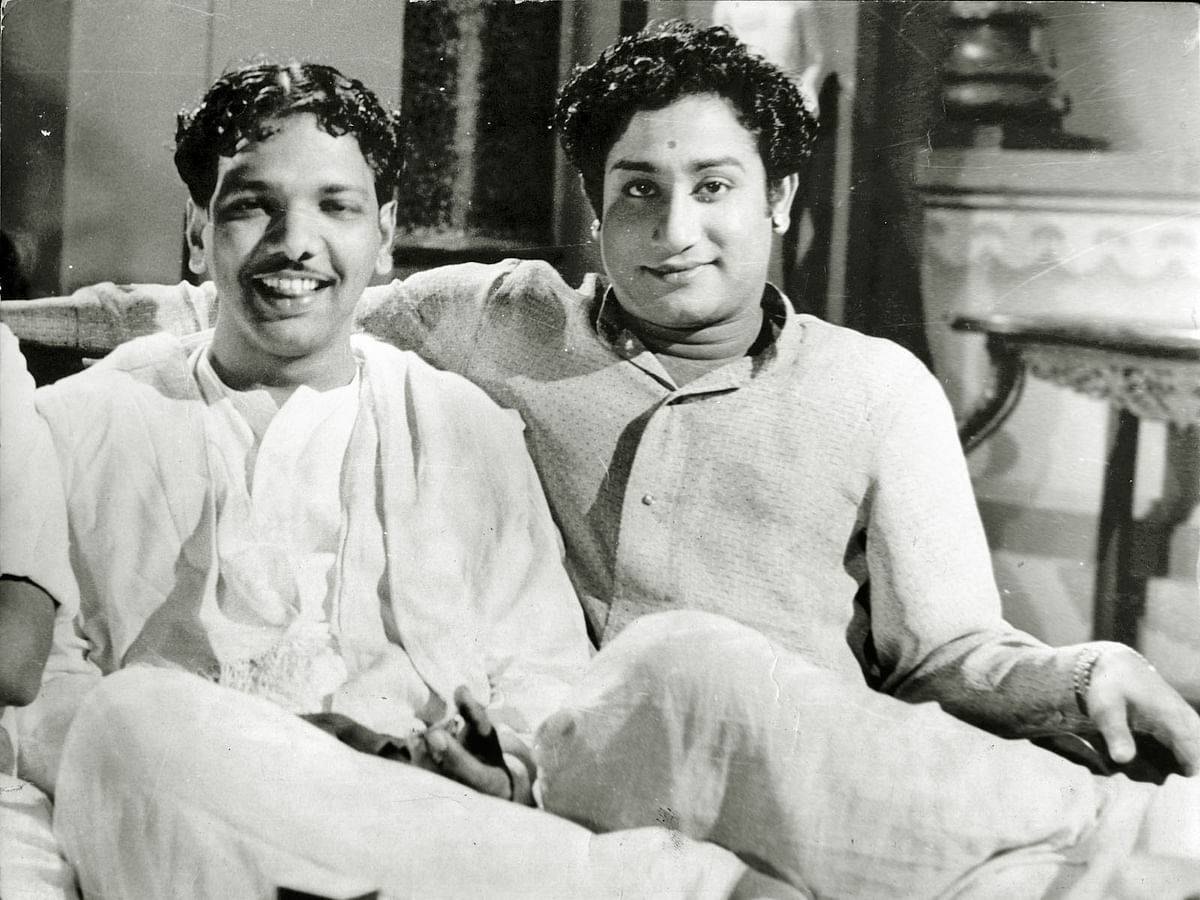 M Karunanidhi with his friend and actor Sivaji VC Ganesan (right).