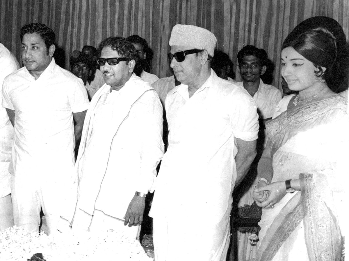 M Karunanidhi with long-time friends Sivaji VC Ganesan (extreme left), M G Ramachandran and J Jayalalithaa (extreme right).