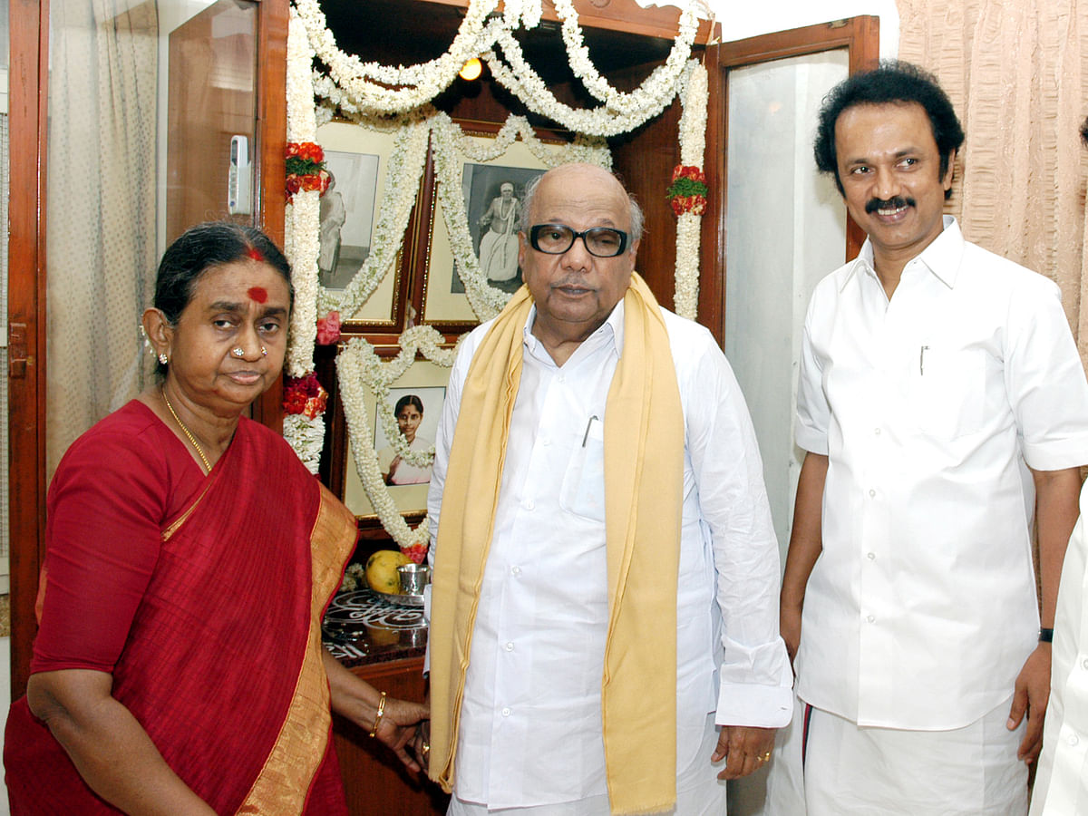 M Karunanidhi with his wife Dayalu Ammal and son M K Stalin.