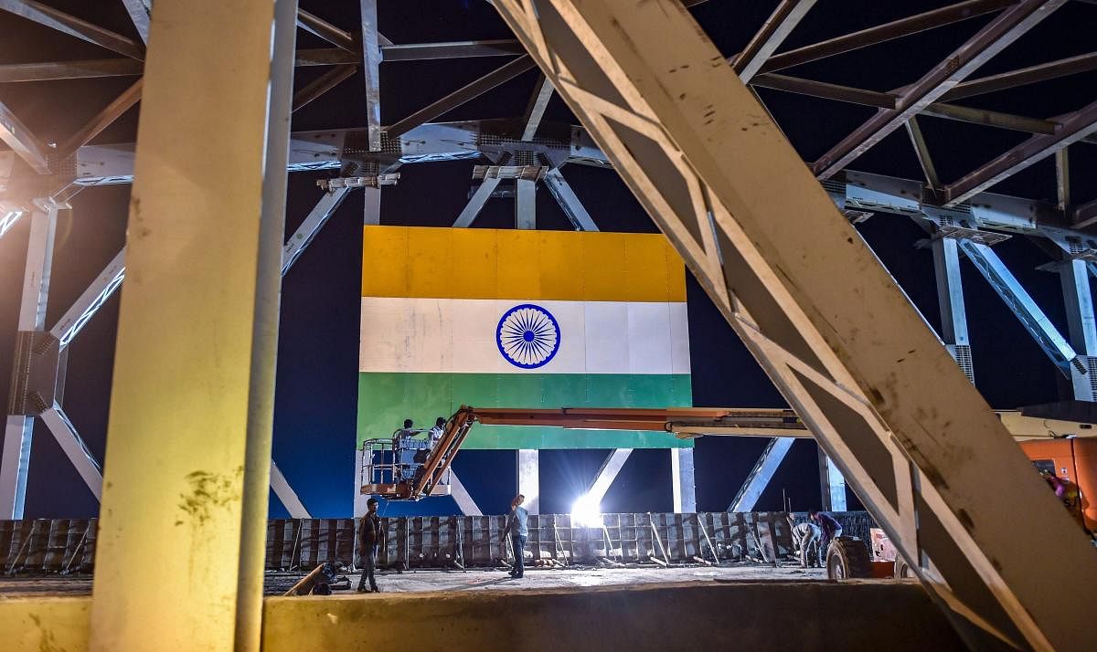Final preparations underway for the inauguration of the Kundli-Ghaziabad-Palwal (KGP) Expressway (also known as Eastern Peripheral Expressway) during the media preview in Kundli, on Friday night. PTI Photo